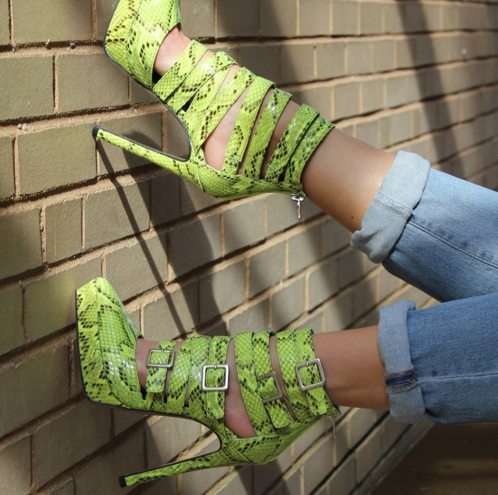 Lime green snakeskin platform heels